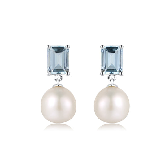 Sterling Silver Rectangle Topaz Pearl Earrings