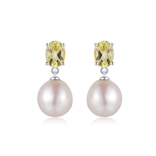 Sterling Silver Oval Lemon Quartz Pearl Earrings